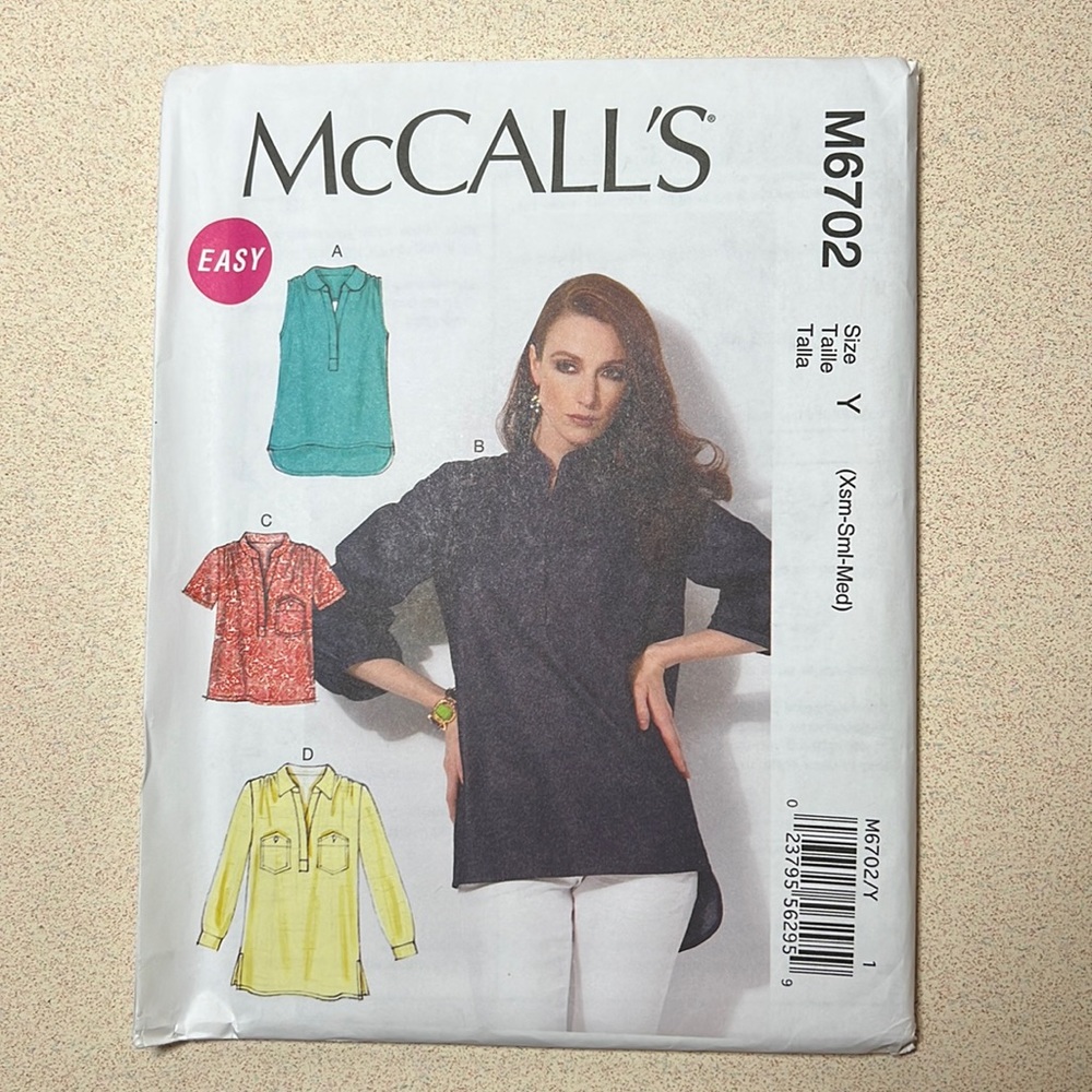 MCCall’s sewing patterns M6702 tops sizes XS, Small & Medium